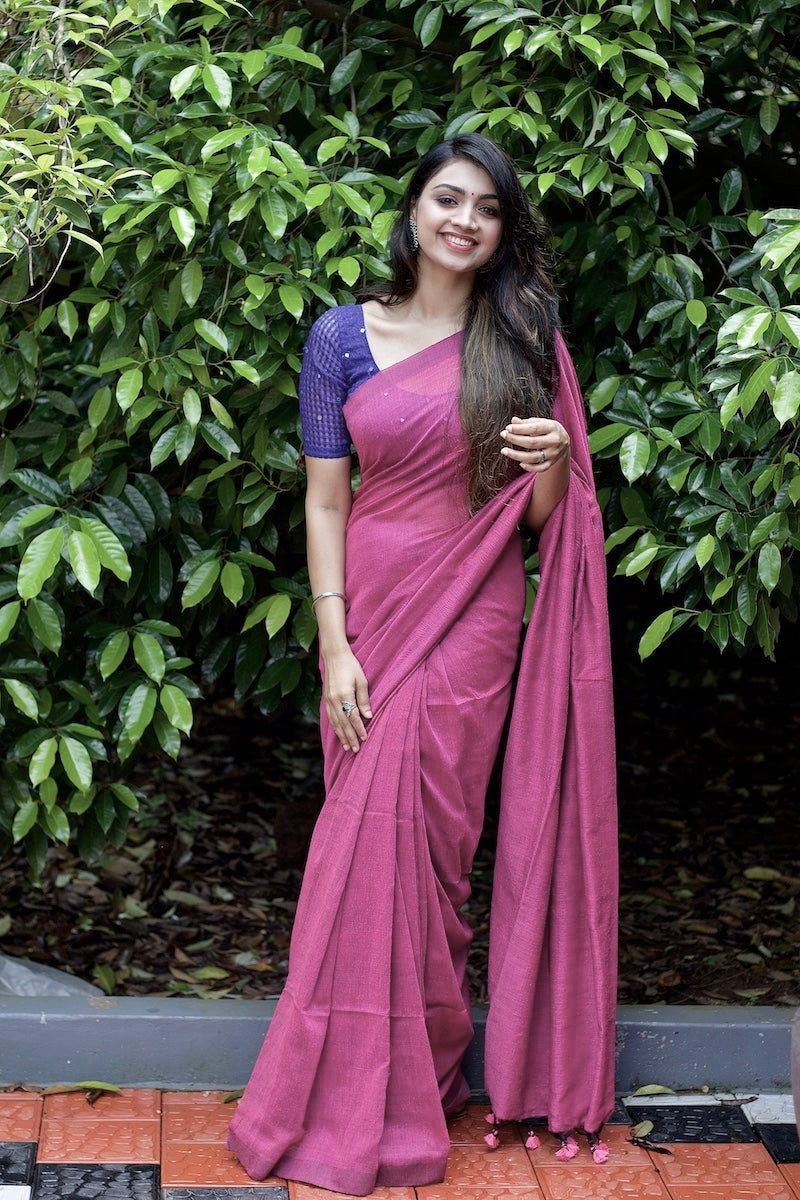 Mauve Plain Cotton Saree - Main Image