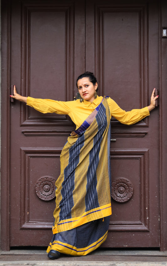 Black Pattada Anchu Cotton Saree with Blue & Yellow border