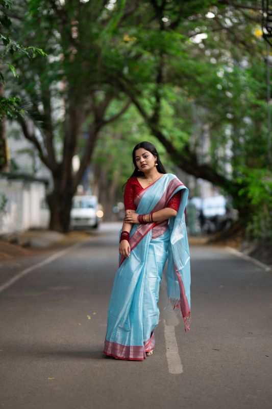 Sky Blue Tissue Cotton Saree With Border