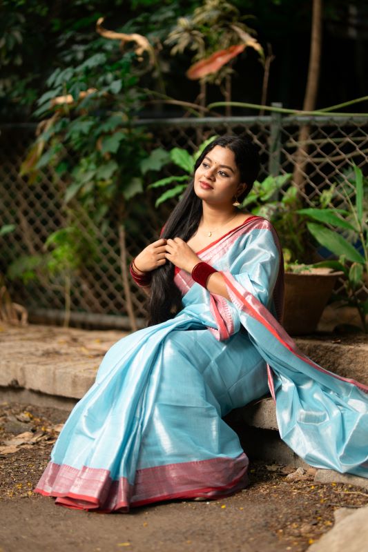 Sky Blue Tissue Cotton Saree With Border
