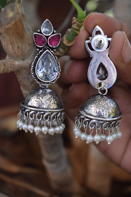 Reddish Pink & White Dual Stone Jhumka