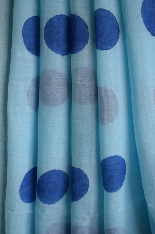 Sky Blue Polka Dots Mul Cotton Saree with tassels