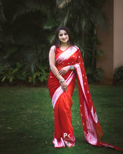 Load image into Gallery viewer, Bright Red Kora Organza Buti Benarasi Saree
