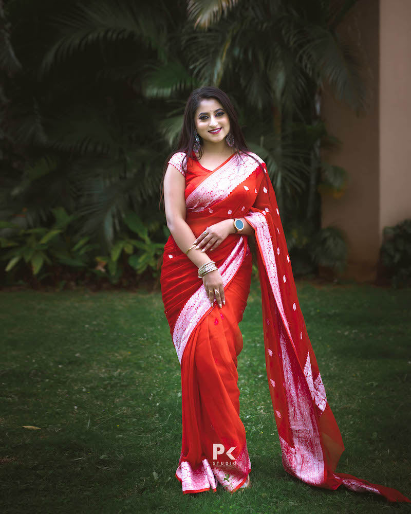 Bright Red Kora Organza Buti Benarasi Saree