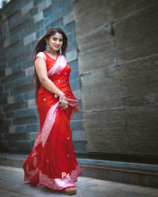 Load image into Gallery viewer, Bright Red Kora Organza Buti Benarasi Saree
