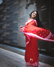 Load image into Gallery viewer, Bright Red Kora Organza Buti Benarasi Saree
