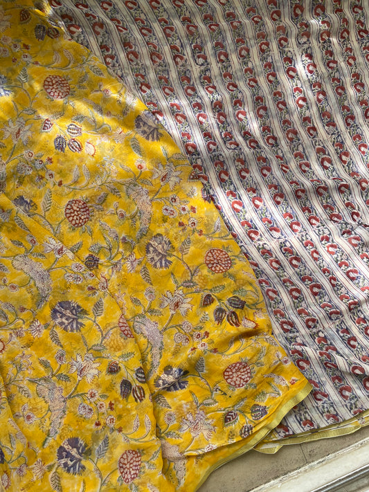 Yellow Bagru Printed Chiffon Saree