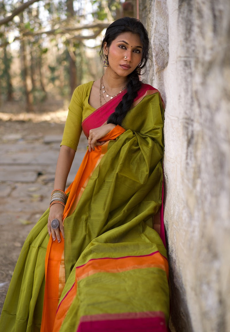Mehandi Green Maheshwari Silk Cotton Saree