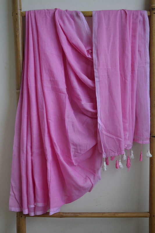 Baby Pink Mul Cotton Saree with tassels