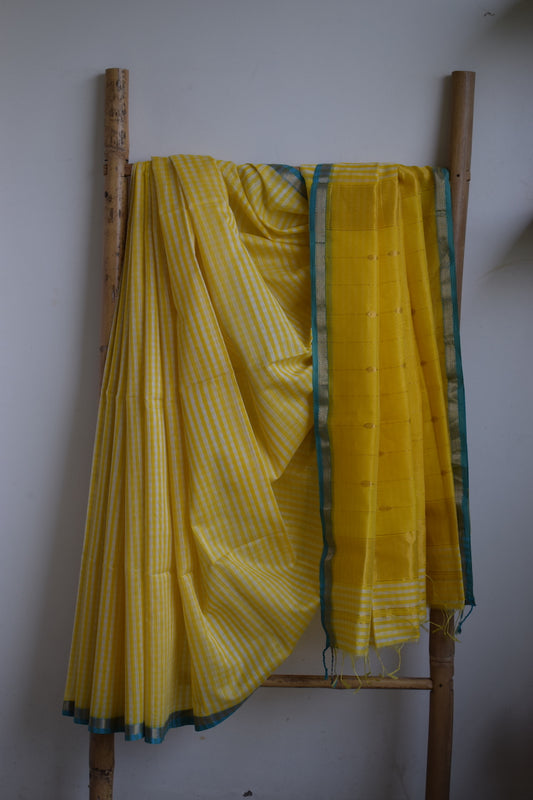 Yellow Checks Maheshwari Silk Cotton Saree