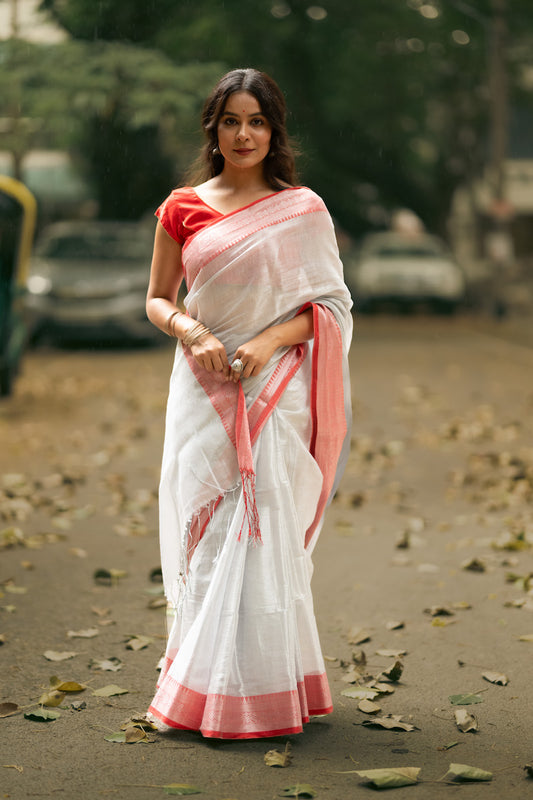 White Tissue Cotton Saree With Border