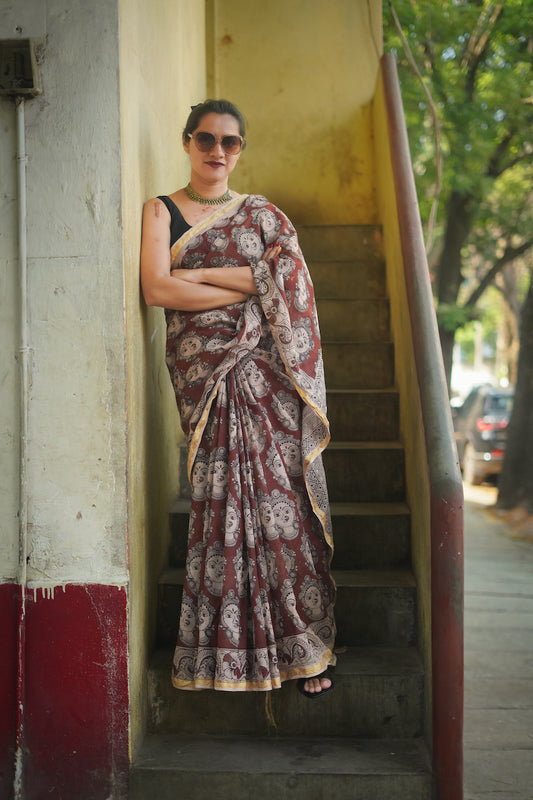 Coffee Brown Cotton Kota Doriya Kalamkari Saree