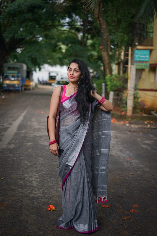 Grey Linen Saree