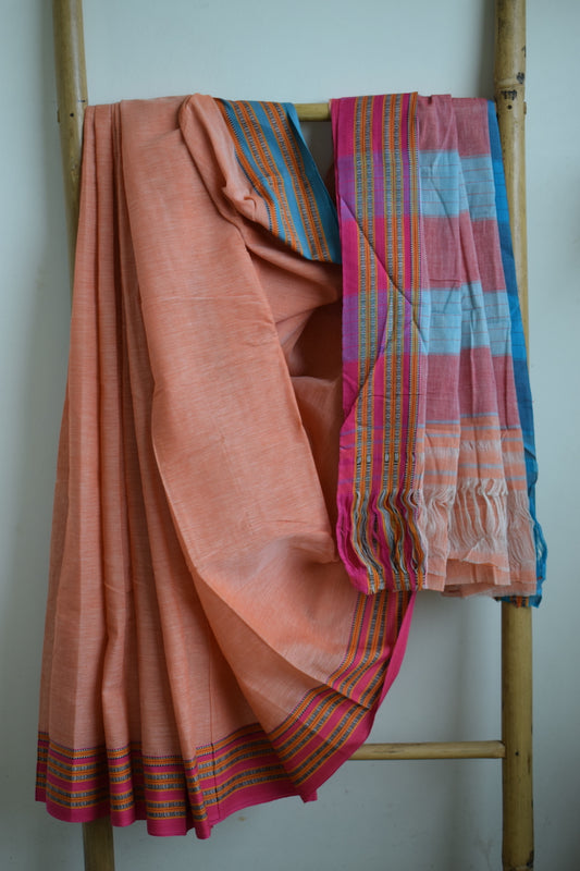 Coral Pattada Anchu Cotton Saree with Gomedadi Border