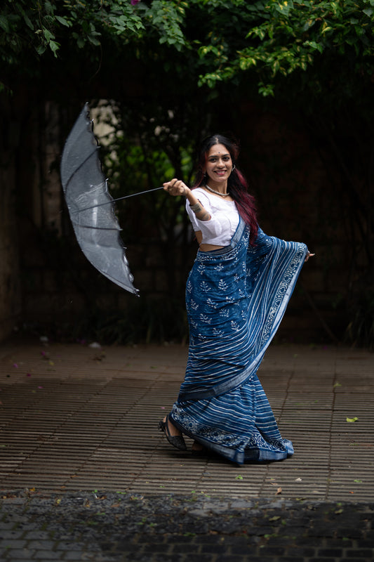 Indigo Printed Linen Cotton Saree
