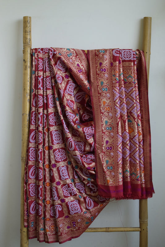 Red Malai Silk Bandhani Weaving Saree