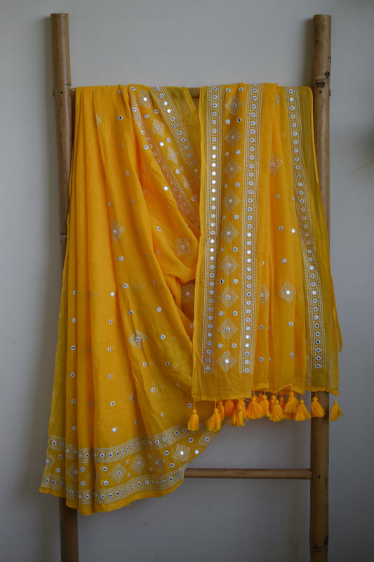 Yellow Embroidery with Mirror Work Mul Cotton Saree with tassels