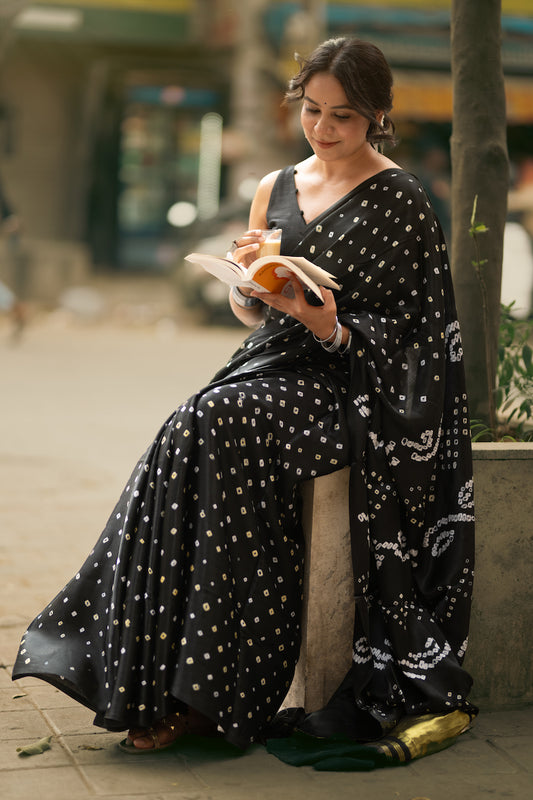 Black Modal Silk Bandhani Saree