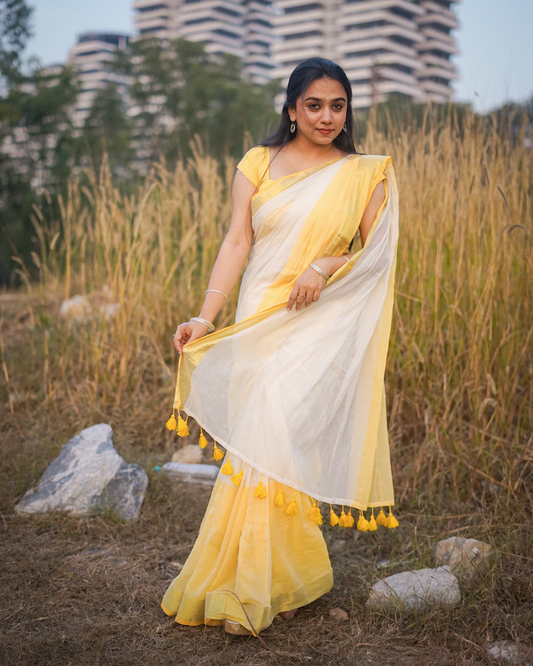 White Mul Cotton Saree with tassels