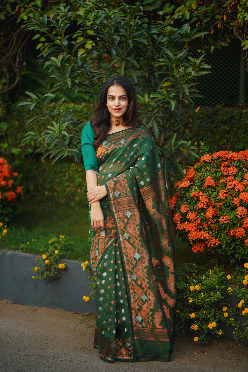Green Silk Cotton Jamdani Saree