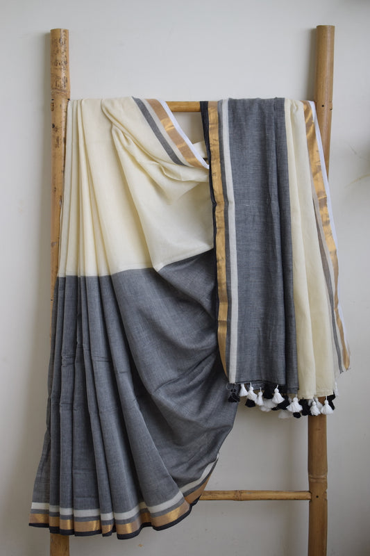 Off White Mul Cotton Saree with tassels