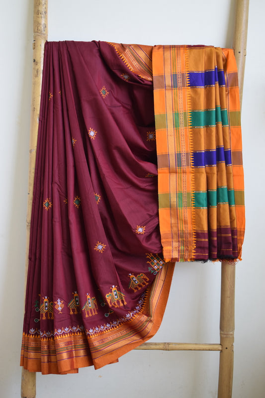 Maroon Cotton Silk Kasuti Saree