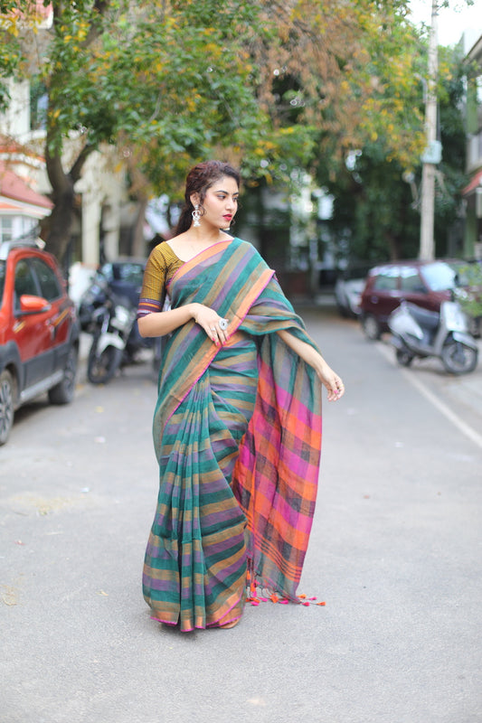 Dark Green Striped Linen Saree