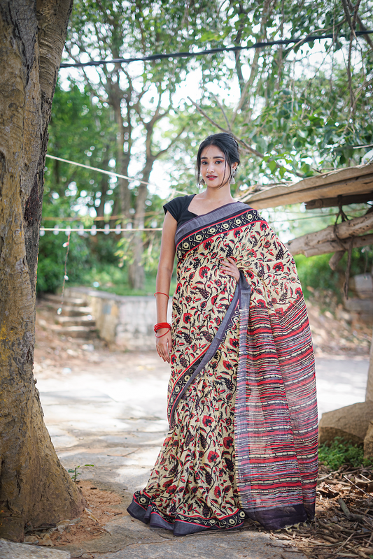 Light Yellow Printed Linen Cotton Saree
