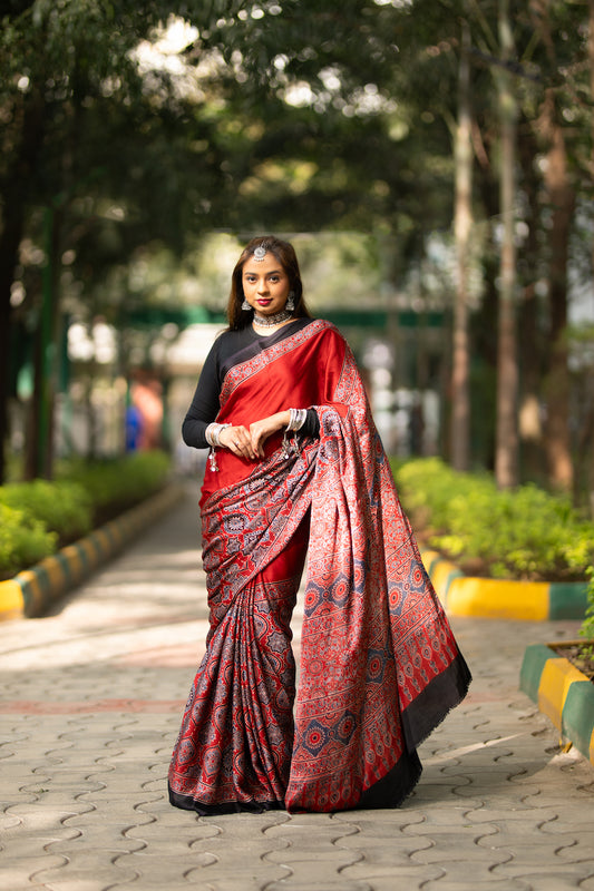 Red Modal Silk Half and Half Saree