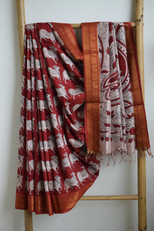 Red Kalamkari Chennuri Silk Saree with Mangalagiri Border