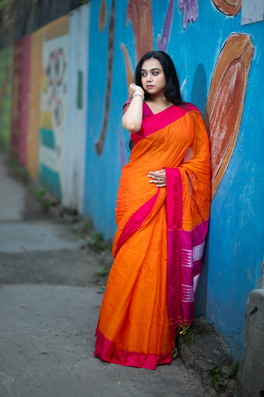 Orange Ilkal Viscose Saree with Chikki Paras Border