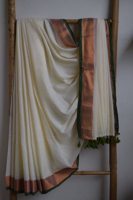 Off White Mul Cotton Saree with tassels
