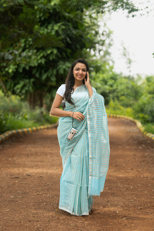 Sky Blue Maheshwari Silk Cotton Saree