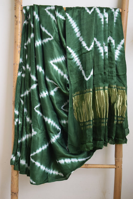 Green Lehariya Modal Silk Shibori Saree