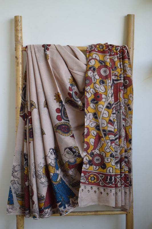 Off White Kalamkari Printed Mul Cotton Saree