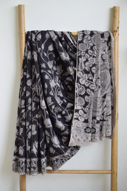 Black Kalamkari Printed Mul Cotton Saree