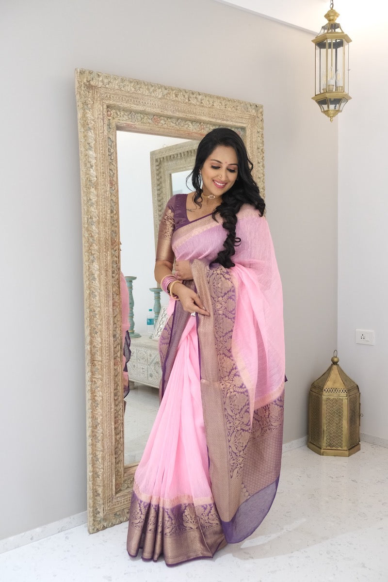 Pink Benarasi Linen Silk Saree