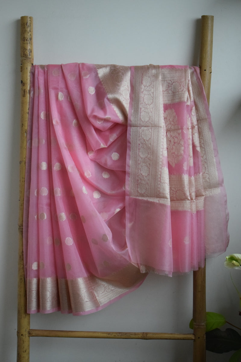 Blush Pink Kora Organza Buti Benarasi Saree