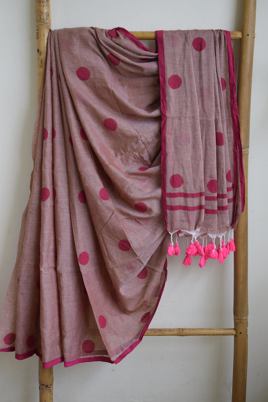 Cinnamon Polka Dots Mul Cotton Saree with tassels