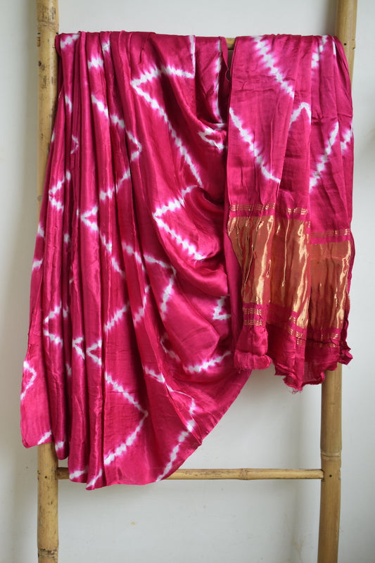 Bright Pink Lehariya Modal Silk Shibori Saree