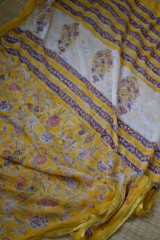 Yellow Bagru Printed Chiffon Saree