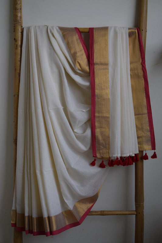 Off White Mul Cotton Saree with tassels