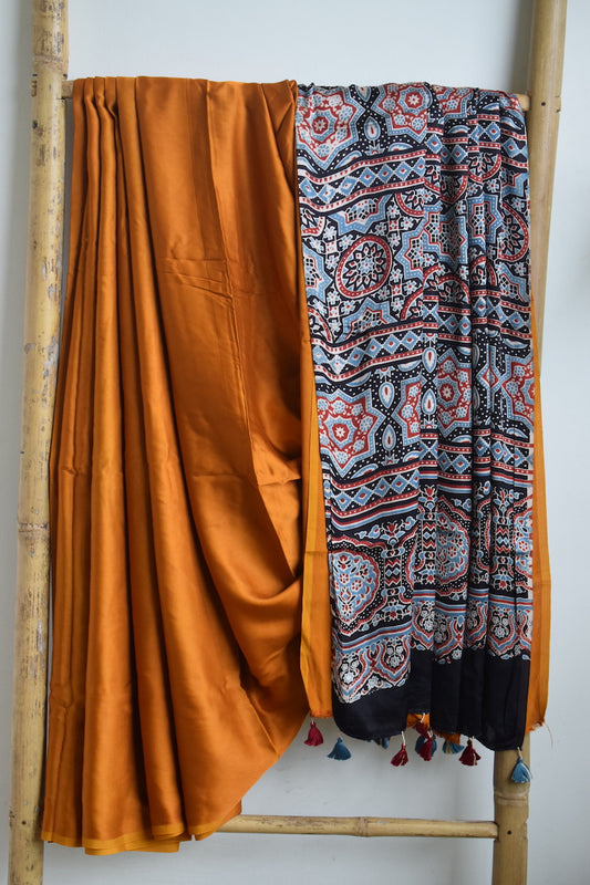 Mango Yellow Modal Silk Saree with Ajrakh Pallu