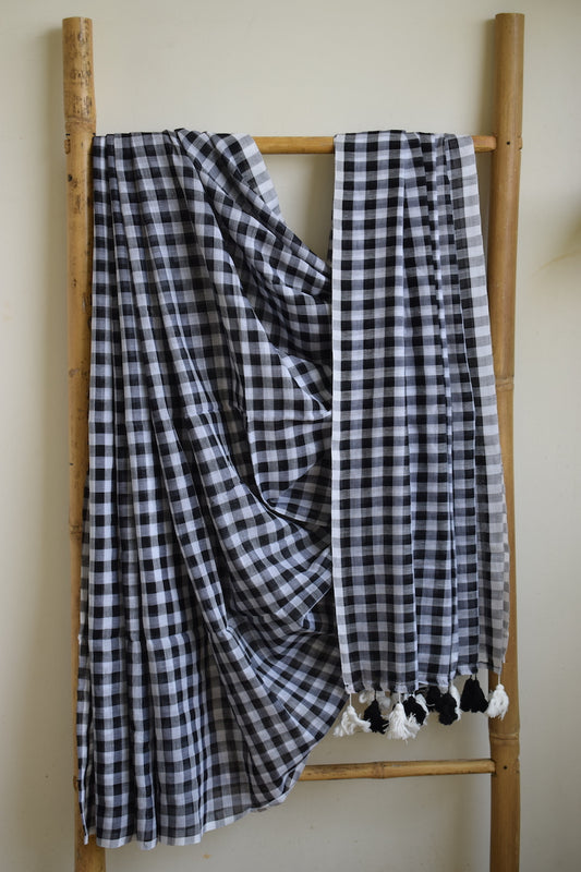 Black and White Checks Mul Cotton Saree