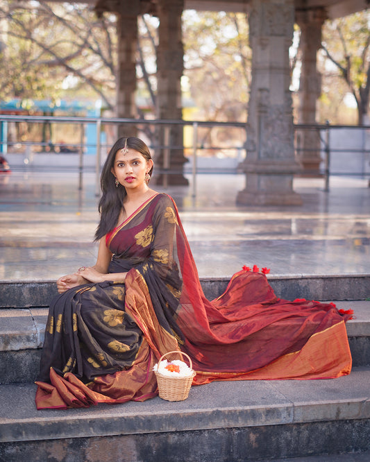 Black Hibiscus weaving Mul Cotton Saree with tassels