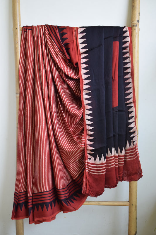 Red Modal Silk Ajrakh Saree