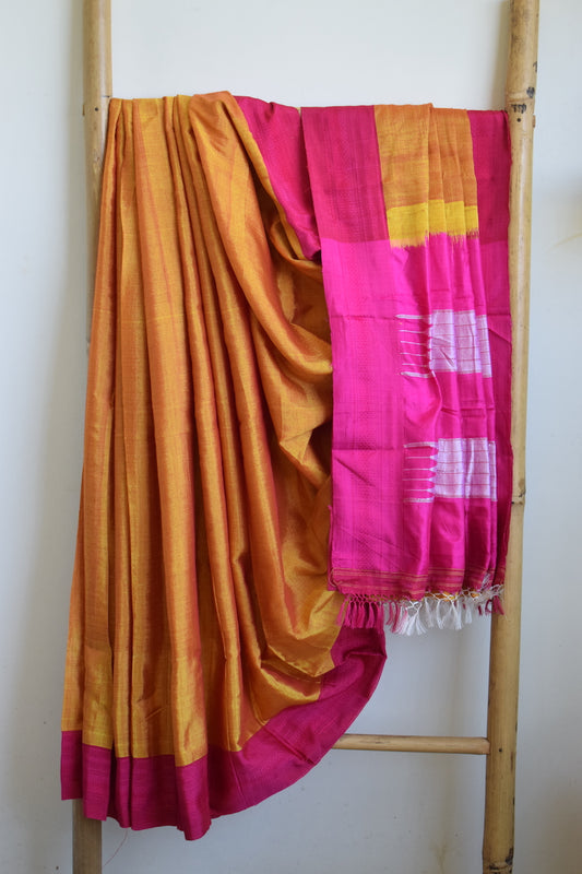 Yellow Dual Shade Ilkal Viscose Saree with Chikki Paras Border