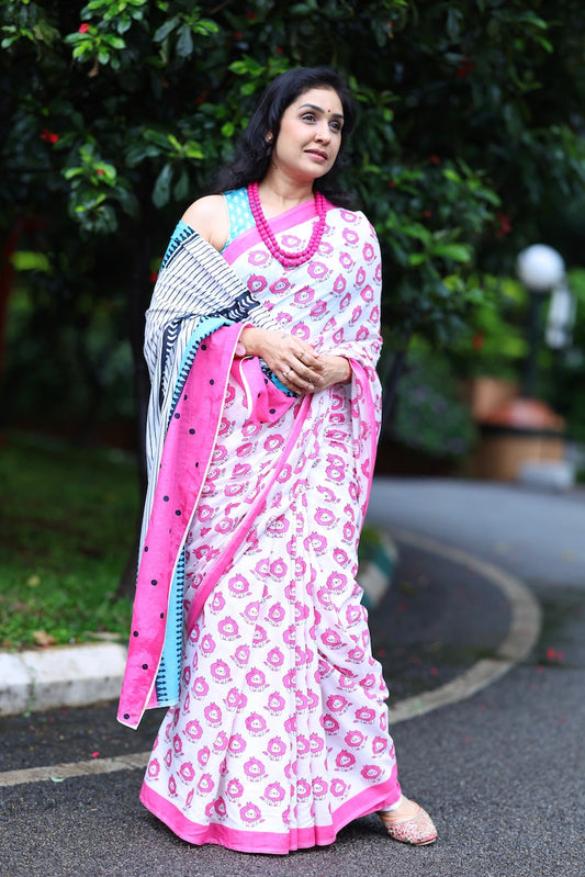 White Printed Mul Cotton Saree