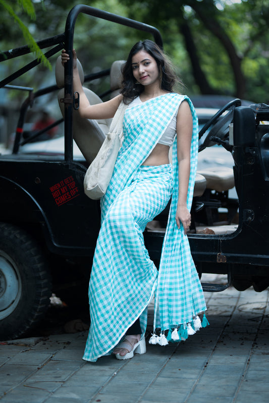 Turquoise and White Checks Mul Cotton Saree