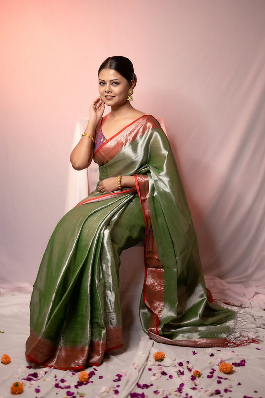 Mint Green Tissue Cotton Saree With Border